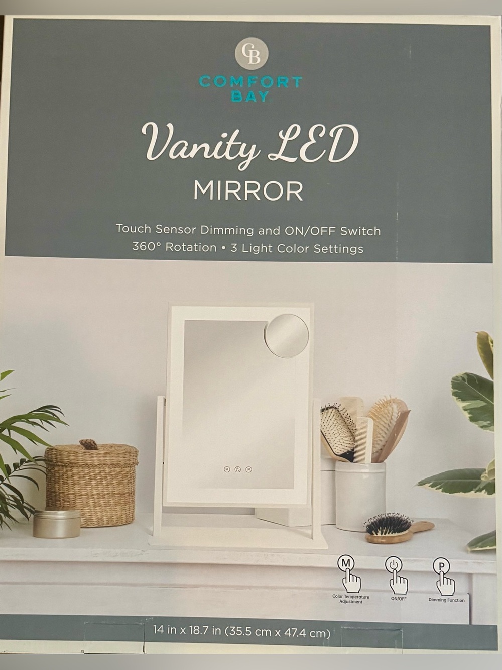 Comfort Bay LED Lighted Makeup Mirror Touch Sensor Dimmable 360° Rotating White